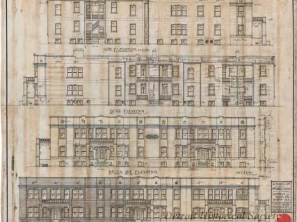 Drawing, Architectural - 16 Family Apt. for Mr. E. M. Coleman
at the S.E. Corner of Canfield and Helen Aves., Detroit, Mich.