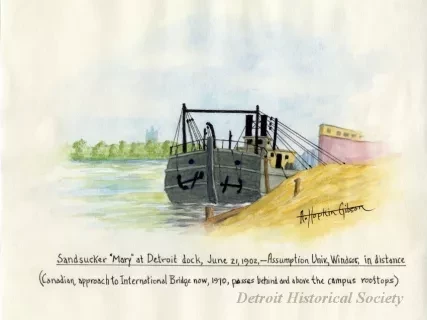 Painting - Sandsucker "Mary" at Detroit dock, June 21, 1902,-Assumption Univ. WIndsor in distance (Canadian approach to International Bridge now, 1970, passes behind and above the campus rooftops)