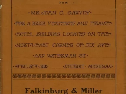 Specification - Specifications for Mr. John C. Garvey for a Brick Veneered and Frame Hotel Building Located on the Northeast Corner of Dix Ave. and Waterman St.