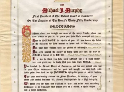 Poster - To Michael J. Murphy,
First President of the Detroit Board of Commerce
on the Occasion of the Board's Thirty-Fifth Anniversary