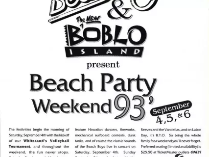 Poster - The Beach Boys & the New BobLo Island Present 
Beach Party Weekend '93, September 4, 5, & 6