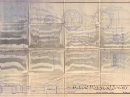 Blueprint - Water Tower - Plan and Sectional Elevations of Water Tower from Field Measurements. Built in 1876. J. E. Sparks, Architect. Razed in 1945.