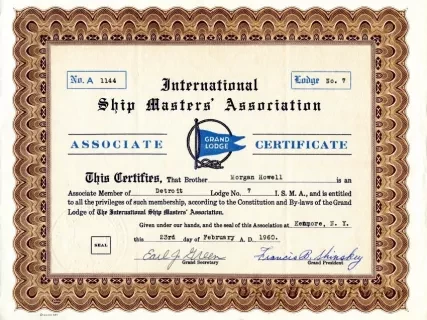 Certificate, Membership - International Ship Masters' Association,
Grand Lodge Associate Certificate