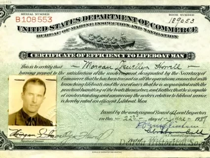 Certificate, Achievement - United States Department of Commerce,
Certificate of Efficiency to Lifeboat Man