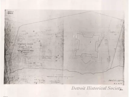 Drawing, Technical - Government Grounds at Fort Wayne
with Position of Engineer and Quartermaster Buildings, Roadways &c.,
Aug. 1866