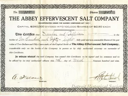 Certificate, Stock - The Abbey Effervescent Salt Company