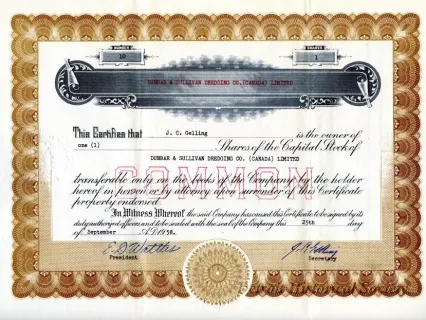 Certificate, Stock - Dunbar & Sullivan Dredging Co. (Canada) Limited
