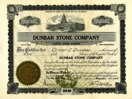 Certificate, Stock - Dunbar Stone Company
