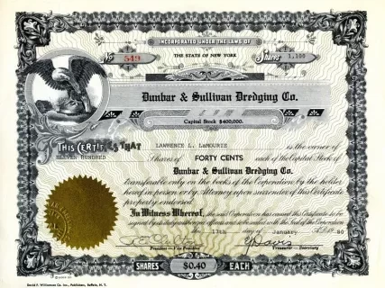 Certificate, Stock - Dunbar & Sullivan Dredging Company