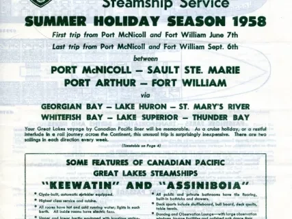 Brochure - Canadian Pacific Great Lakes Steamship Service,
Summer Holiday Season Schedule for 1958