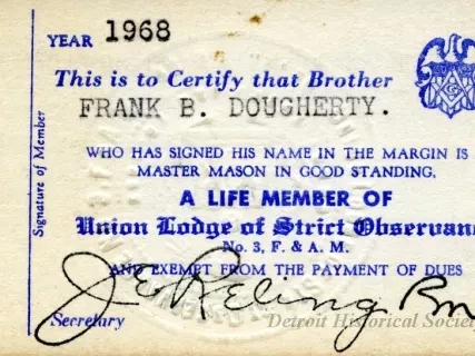 Card, Membership - Union Lodge of Strict Observance No. 3,
Grand Lodge F.& A.M. [Free & Accepted Masons] of Michigan
