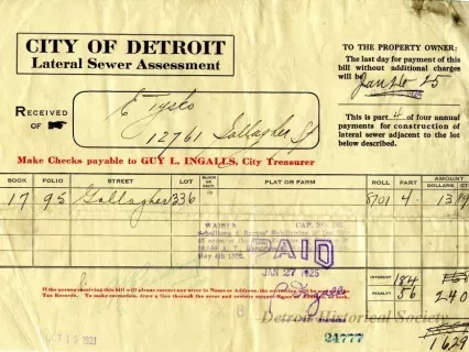 Bill, Tax - City of Detroit
Lateral Sewer Assessment