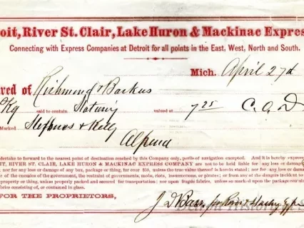 Receipt - Detroit, River, St. Clair, Lake Huron & Mackinac Express Co.