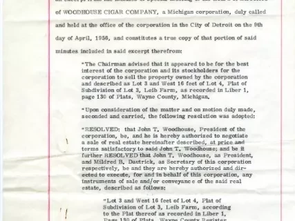 Resolution - Certified Copy of Proceedings and 
Resolutions Re Sale of Land by Woodhouse Cigar Company