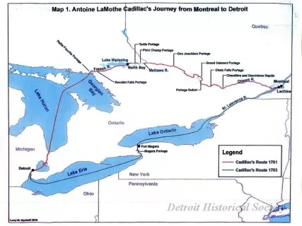 Map - Antoine LaMothe Cadillac's Journey from Montreal to Detroit