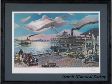 Print - Detroit Riverfront, Moonlight Cruise on the Steamer, Ste. Claire in 1929
