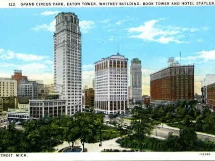 Postcard - Grand Circus Park, Eaton Tower, Whitney Building, Book Tower And Hotel Statler
