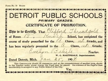 Certificate, Achievement - Detroit Public Schools
Primary Grades
Certificate of Promotion