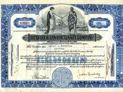 Certificate, Stock - Detroit & Canada Tunnel Company
