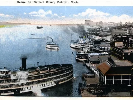 Postcard - Scene on Detroit River, Detroit, Mich