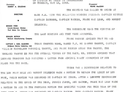 Minutes - Minutes of Meeting Held at the Home of Captain McQueen at Amherstburg on Tuesday, May 13, 1952