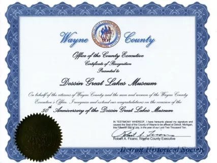 Certificate, Commemorative - Wayne County
