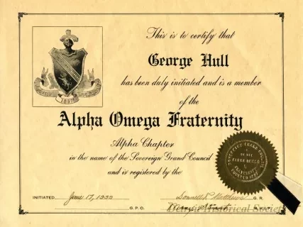 Certificate, Membership - Alpha Omega Fraternity -
George Hull