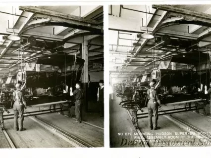 Stereograph - Mounting Hudson Super-Six Bodies In The Final Assembly Room Of The Hudson Motor Car Company, Hudson Motor Car Co, Detroit, USA