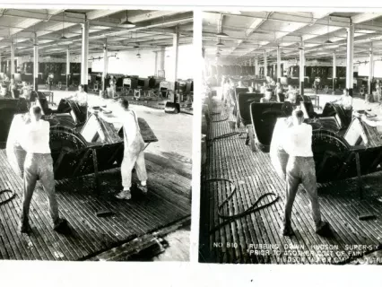 Stereograph - Rubbing Down Hudson Super-Six Bodies Prior to Another Coat of Paint, Hudson Motor Car Co, Detroit, USA