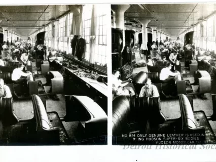Stereograph - Only Genuine Leather Is Used in Upholstering Hudson Super-Six Bodies, Hudson Motor Car Co, Detroit, USA