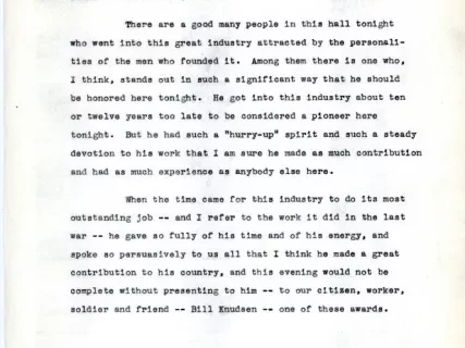 Speech - Remarks by K.T. Keller At The Pioneers Dinner
Celebration In Connection With The Automotive
Golden Jubilee
May 31, 1946 - Masonic Temple