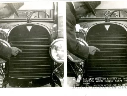 Stereograph - The New Radiator Shutter On The Hudson Super-Six When Closed Keeps The Motor Warm, Hudson Motor Car Co, Detroit, USA