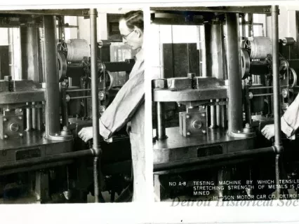 Stereograph - Testing Machine By Which Tensile And Stretching Strength of Metal Is Determined, Hudson Motor Car Co, Detroit, USA