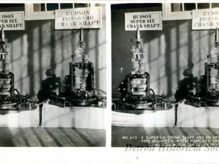 Stereograph - A Super-Six Crank Shaft And An Ordinary Type Mounted For Test Purposes: See No 14, Hudson Motor Car Co, Detroit, USA