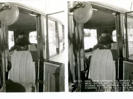Stereograph - View From Entrance To Driver's Compartment Shows Depth Of Hudson Super-Six Touring Sedan Interior - Plated Cushion Covering Is Used On All Closed Models, Hudson Motor Car Co, Detroit, USA