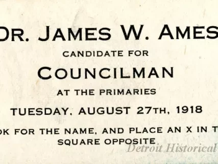 Card, Political - Dr. James W. Ames
Candidate for Councilman