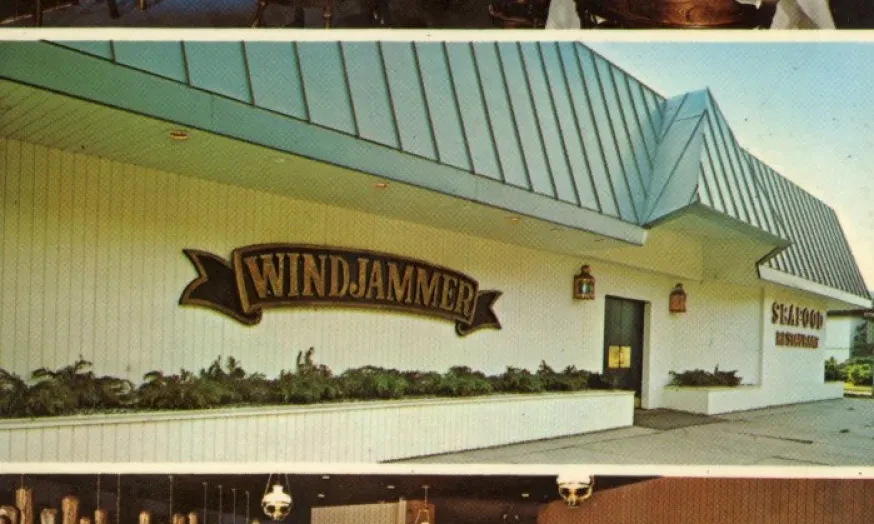 Three photos of a restaurant: A curved dining room setup, exterior with "Windjammer" sign, and a dining area with white tablecloths.
