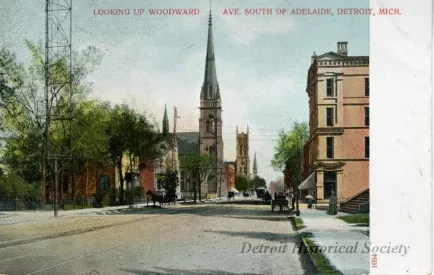 Postcard - Looking Up Woodward Ave. South of Adelaide, Detroit, Mich.