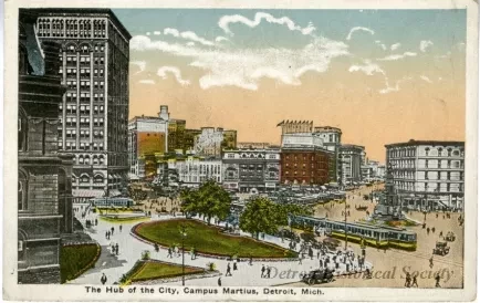 Postcard - The Hub of the City, Campus Martius, Detroit, Mich.