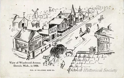 Postcard - View of Woodward Avenue, Detroit, Mich. in 1826.