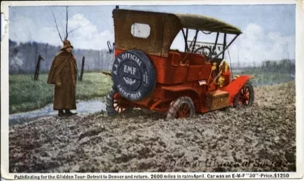 Postcard - Pathfinding for the Glidden Tour - Detroit to Denver and return.  2600 miles in rainy April.  Car was an E-M-F "30" - Price $1250.