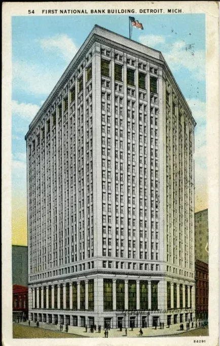 Postcard - First National Bank Building. Detroit, Mich.
