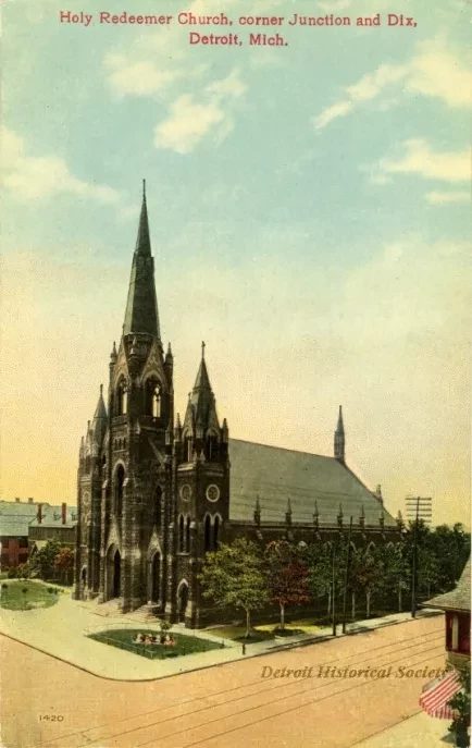 Postcard - Holy Redeemer Church, corner Junction and Dix, Detroit, Mich.