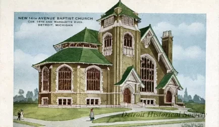 Postcard - New 14th Avenue Baptist Church, Cor. 14th and Marquette Aves. Detroit, Michigan.