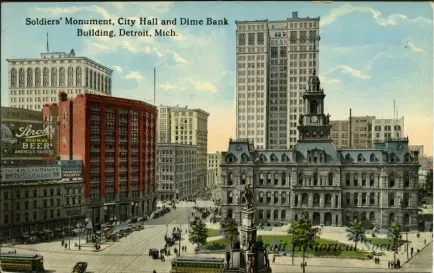 Postcard - Soldiers' Monument, City Hall and Dime Bank Building, Detroit, Mich.