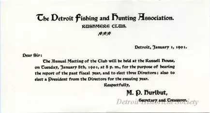 Announcement - The Detroit Fishing and Hunting Association, Rushmore Club