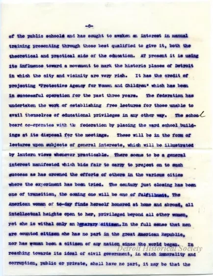 Letter - The Growth of the Woman's [Women's] Club Movement