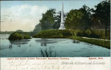 Postcard - Lagoon and Daniel Scotten Monument, Woodmere Cemetery. Detroit, Mich.