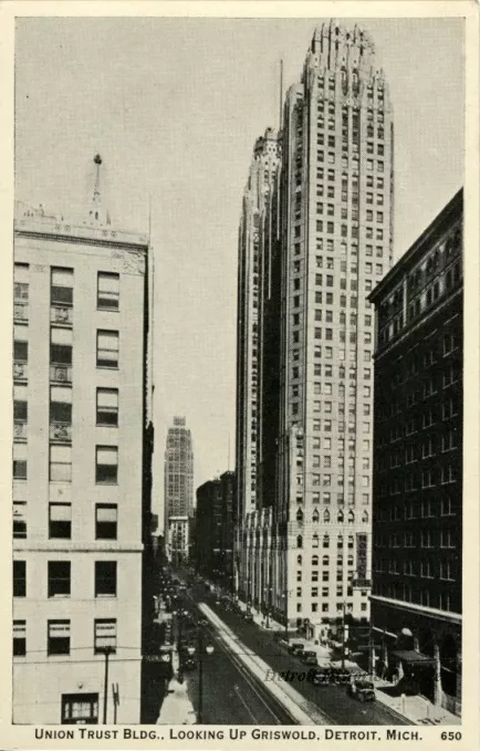 Postcard - Union Trust Bldg., Looking Up Griswold, Detroit, Mich.