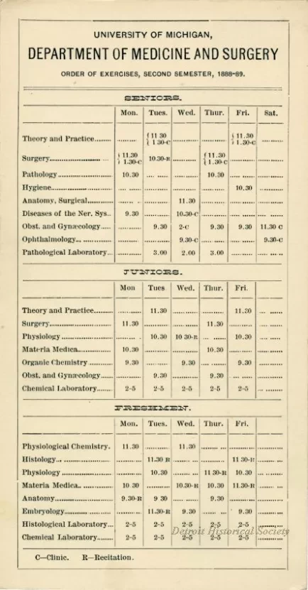 Calendar - University of Michigan Department of Medicine and Surgery Order of Exercises, Second Semester, 1888-89.